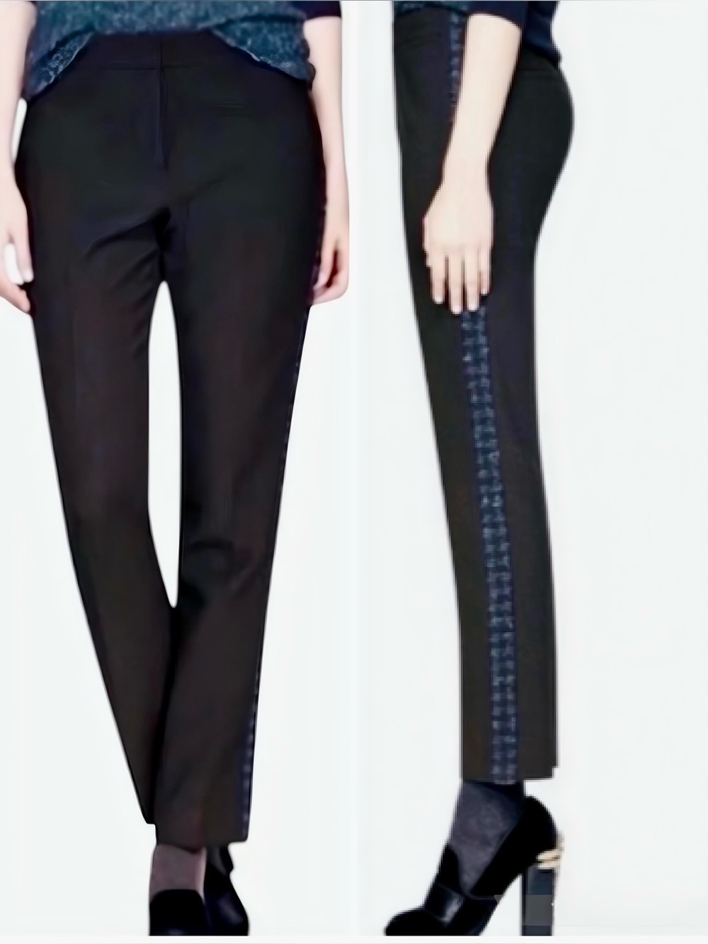 TORY BURCH Tobie Black Trousers Straight Leg Pants Blue Wool Tweed Side Stripe